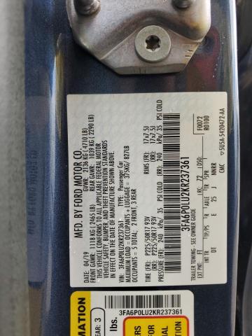 3FA6P0LU2KR237361 - 2019 FORD FUSION SE BLUE photo 12