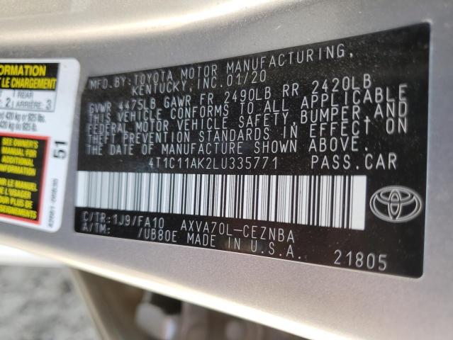 4T1C11AK2LU335771 - 2020 TOYOTA CAMRY LE SILVER photo 12