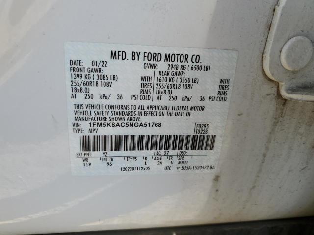 1FM5K8AC5NGA51768 - 2022 FORD EXPLORER POLICE INTERCEPTOR 白色 照片 14