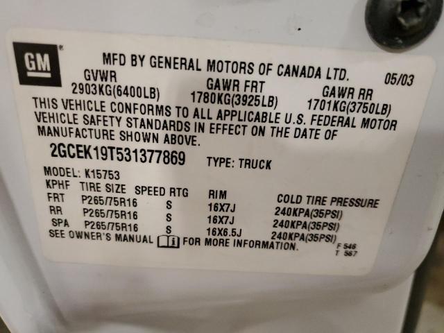 2GCEK19T531377869 - 2003 CHEVROLET 1500 K1500 WHITE photo 12