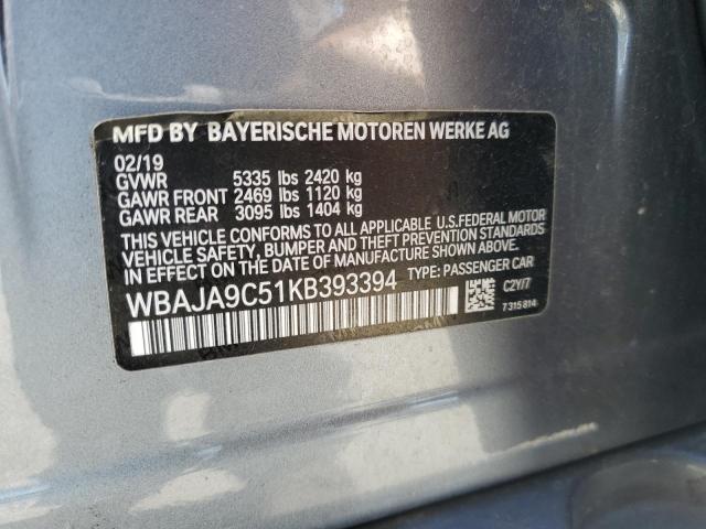 WBAJA9C51KB393394 - 2019 BMW 530E SILVER photo 13