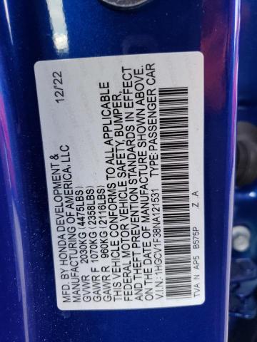 1HGCV1F38NA121531 - 2022 HONDA ACCORD SPORT BLUE photo 13