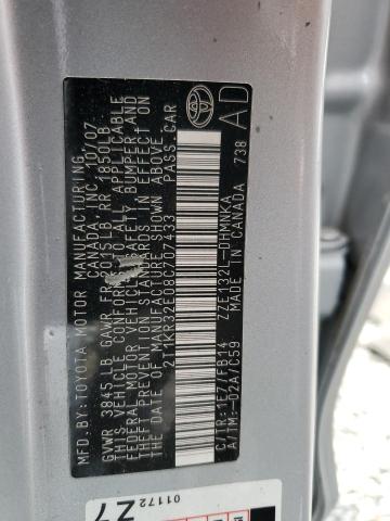 2T1KR32E08C707433 - 2008 TOYOTA COROLLA MA XR SILVER photo 12