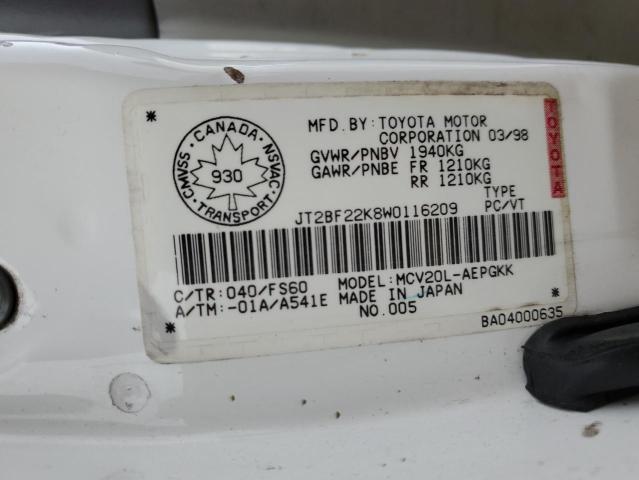 JT2BF22K8W0116209 - 1998 TOYOTA CAMRY CE WHITE photo 12