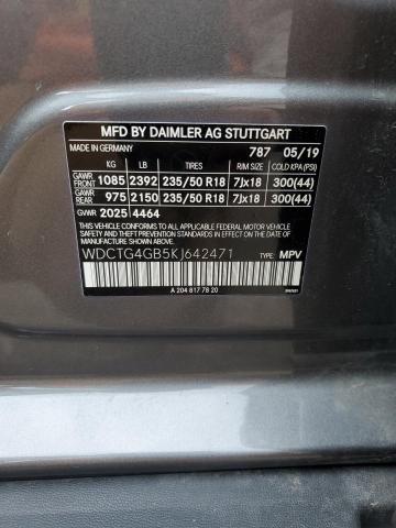 WDCTG4GB5KJ642471 - 2019 MERCEDES-BENZ GLA 250 4MATIC GRAY photo 12