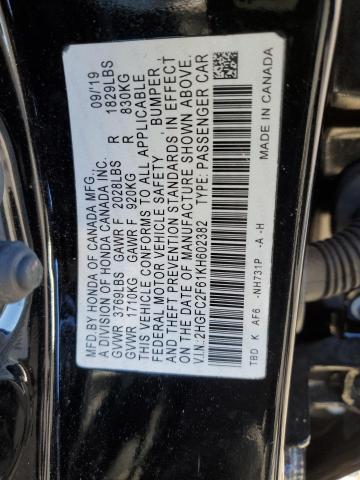 2HGFC2F61KH602382 - 2019 HONDA CIVIC LX BLACK photo 12