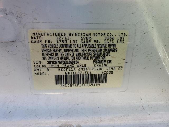 3N1CN7AP3CL869124 - 2012 NISSAN VERSA S WHITE photo 12