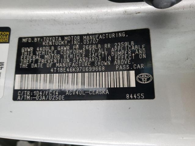 4T1BE46K97U699668 - 2007 TOYOTA CAMRY CE SILVER photo 12