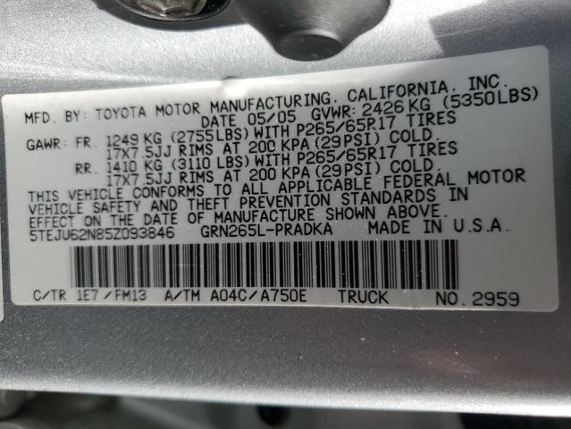 5TEJU62N85Z093846 - 2005 TOYOTA TACOMA DOUBLE CAB PRERUNNER SILVER photo 12