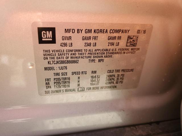 KL7CJKSB8GB668662 - 2016 CHEVROLET TRAX LS SILVER photo 13