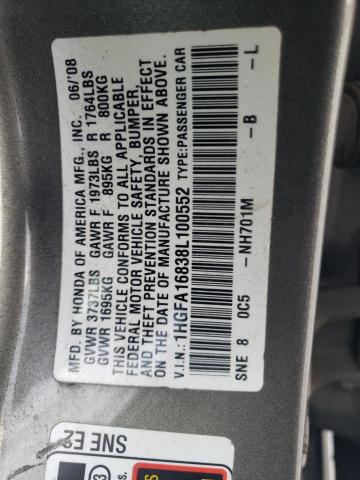 1HGFA16838L100552 - 2008 HONDA CIVIC EX GRAY photo 12