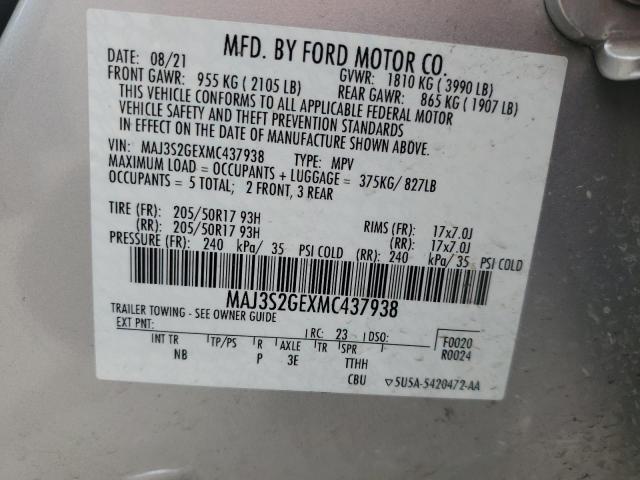 MAJ3S2GEXMC437938 - 2021 FORD ECOSPORT SE ვერცხლისფერი ფოტო 13