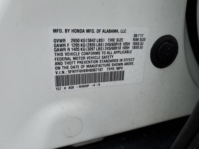 5FNYF6H69HB067187 - 2017 HONDA PILOT EXL WHITE photo 14