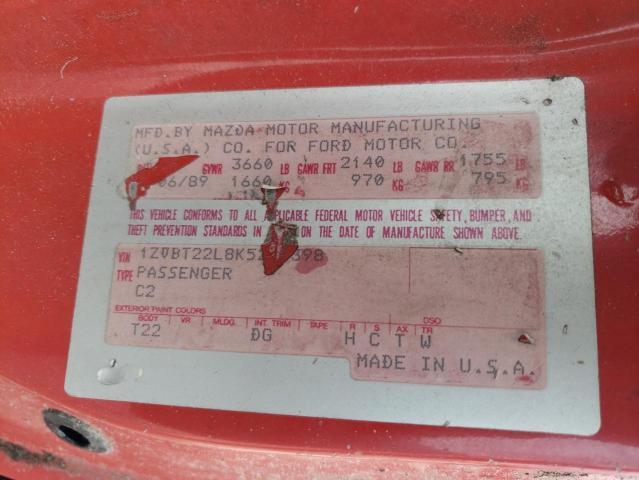 1ZVBT22L8K5225398 - 1989 FORD PROBE GT RED photo 12