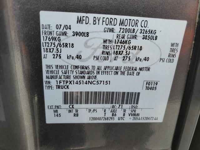 1FTPX14514NC57151 - 2004 FORD F150 GRAY photo 12