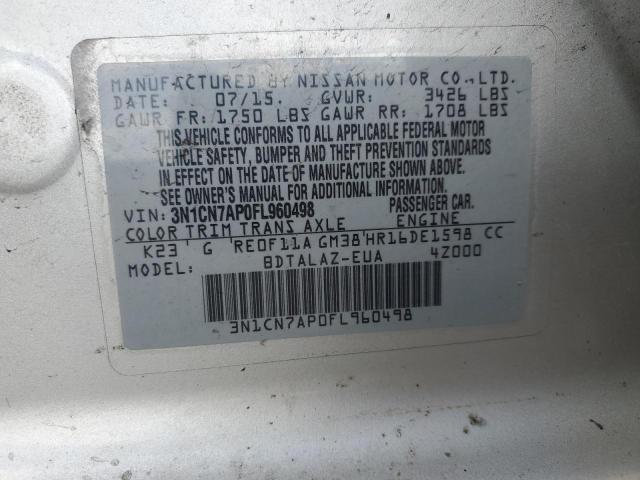 3N1CN7AP0FL960498 - 2015 NISSAN VERSA S SILVER photo 12