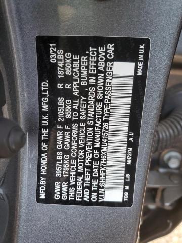 SHHFK7H6XMU415726 - 2021 HONDA CIVIC EX GRAY photo 12