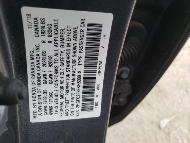 2HGFC2F89KH509918 - 2019 HONDA CIVIC SPORT 灰色 照片 12