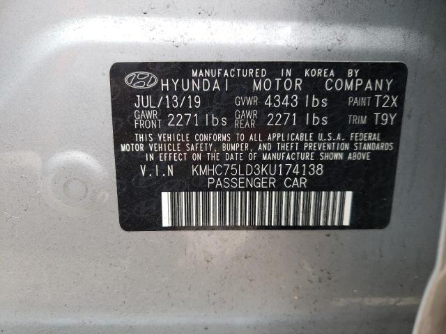 KMHC75LD3KU174138 - 2019 HYUNDAI IONIQ LIMITED SILVER photo 10