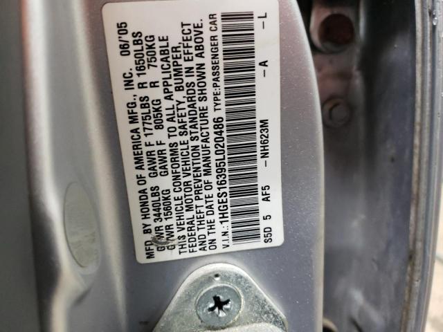 1HGES16395L020486 - 2005 HONDA CIVIC DX VP SILVER photo 12