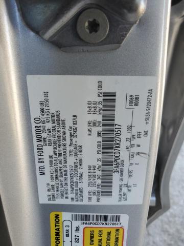 3FA6P0CD7KR270517 - 2019 FORD FUSION SEL SILVER photo 12