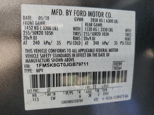 1FM5K8GT0JGB79711 - 2018 FORD EXPLORER SPORT GRAY photo 14