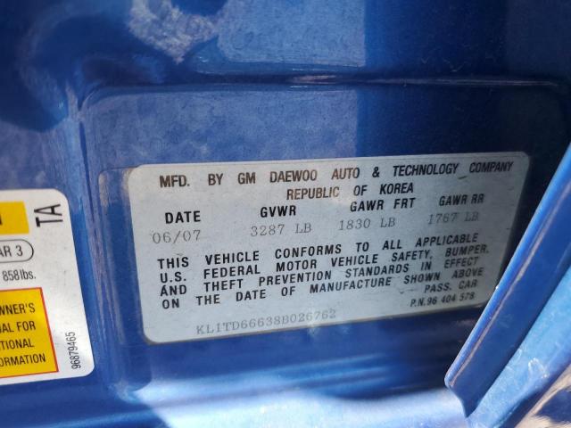 KL1TD66638B026762 - 2008 CHEVROLET AVEO BASE Mavi foto 12