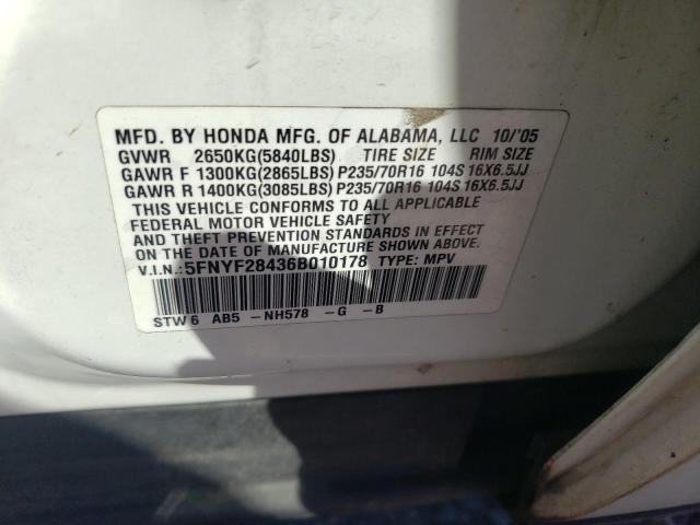 5FNYF28436B010178 - 2006 HONDA PILOT EX WHITE photo 14