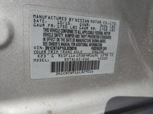 3N1CN7AP1GL829016 - 2016 NISSAN VERSA S SILVER photo 13