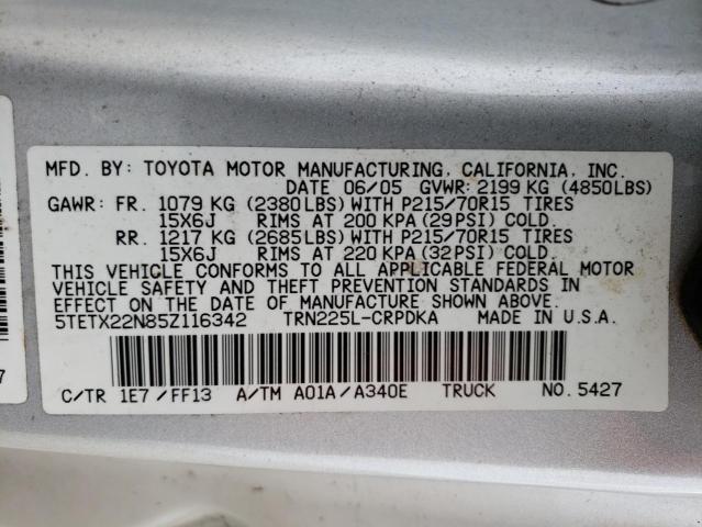5TETX22N85Z116342 - 2005 TOYOTA TACOMA ACCESS CAB ვერცხლისფერი ფოტო 12