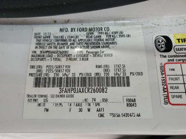 3FAHP0JAXCR260082 - 2012 FORD FUSION SEL WHITE photo 13