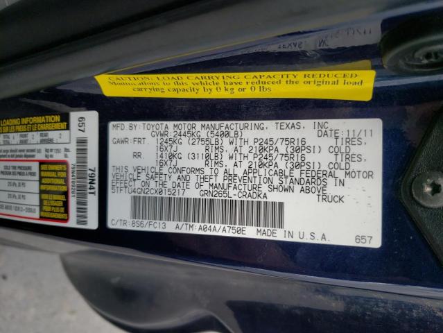 5TFTU4GN2CX015217 - 2012 TOYOTA TACOMA PRERUNNER ACCESS CAB BLUE photo 12