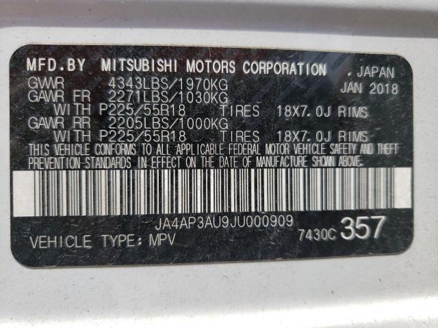 JA4AP3AU9JU000909 - 2018 MITSUBISHI OUTLANDER ES WHITE photo 10