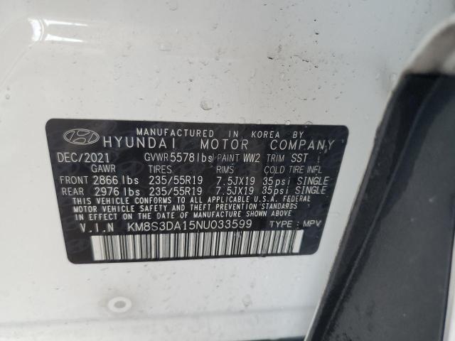 KM8S3DA15NU033599 - 2022 HYUNDAI SANTA FE SEL PREMIUM WHITE photo 14