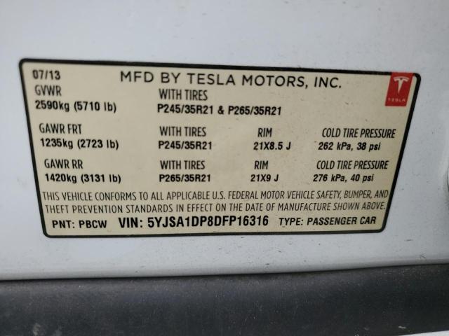 5YJSA1DP8DFP16316 - 2013 TESLA MODEL S WHITE photo 12