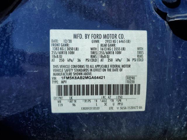 1FM5K8AB2MGA64421 - 2021 FORD EXPLORER POLICE INTERCEPTOR ლურჯი ფოტო 13