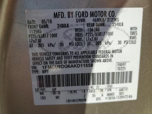 1FMCU9DG6AKD11558 - 2010 FORD ESCAPE XLT BEIGE photo 13