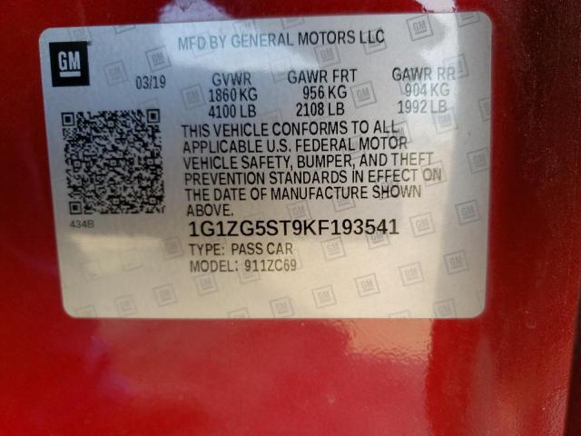 1G1ZG5ST9KF193541 - 2019 CHEVROLET MALIBU RS BURGUNDY photo 12