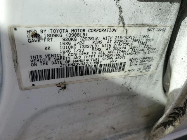 JTEHH20V830189967 - 2003 TOYOTA RAV4 WHITE photo 12