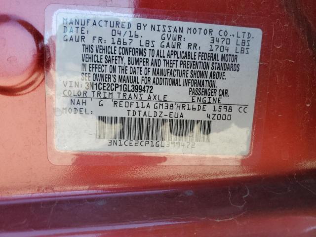3N1CE2CP1GL399472 - 2016 NISSAN VERSA NOTE S RED photo 12