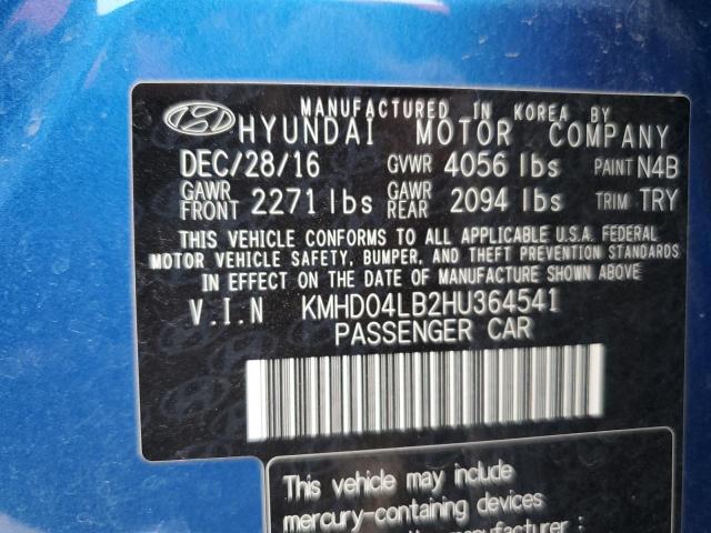 KMHD04LB2HU364541 - 2017 HYUNDAI ELANTRA SPORT BLUE photo 12