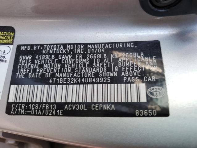 4T1BE32K44U849925 - 2004 TOYOTA CAMRY LE SILVER photo 13