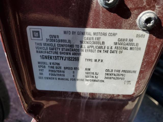 1GNEK13T7YJ182269 - 2000 CHEVROLET TAHOE K1500 MAROON photo 13