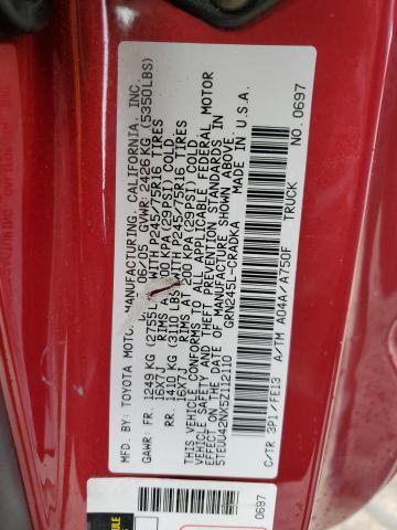 5TEUU42NX5Z112110 - 2005 TOYOTA TACOMA ACCESS CAB წითელი ფოტო 12