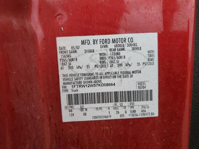 1FTRW12W57KD08664 - 2007 FORD F150 SUPERCREW RED photo 13