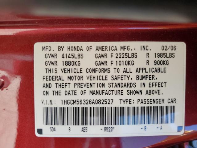 1HGCM56326A082527 - 2006 HONDA ACCORD SE BURGUNDY photo 12