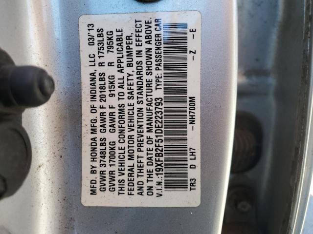 19XFB2F51DE223793 - 2013 HONDA CIVIC LX ვერცხლისფერი ფოტო 12