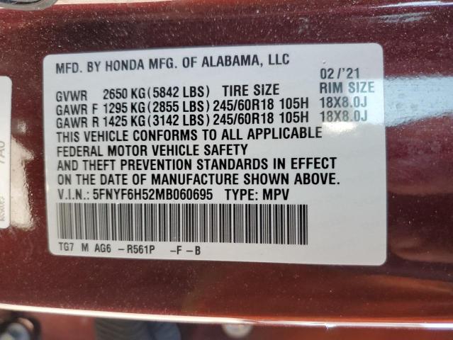 5FNYF6H52MB060695 - 2021 HONDA PILOT EXL BURGUNDY photo 13