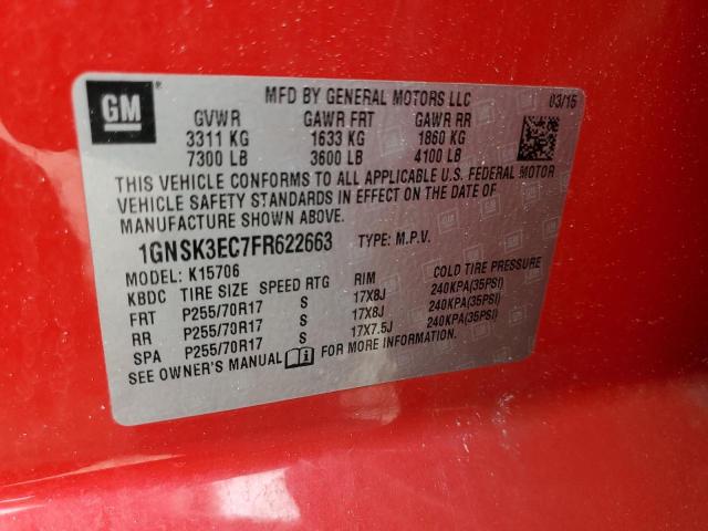 1GNSK3EC7FR622663 - 2015 CHEVROLET TAHOE SPECIAL RED photo 12