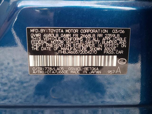 JTHBJ46G572004270 - 2007 LEXUS ES 350 BLUE photo 12